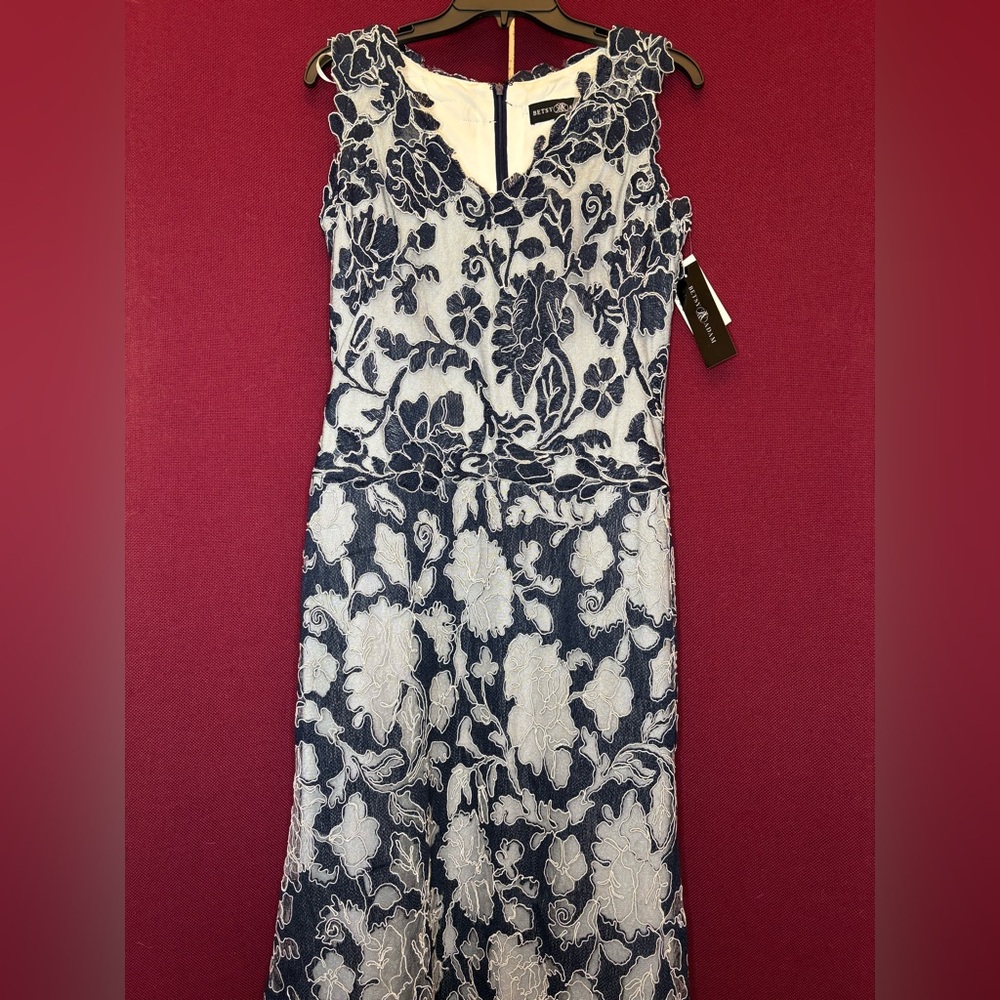 Betsy & Adam Navy and White Sleeveless V-Neck Maxi Dress